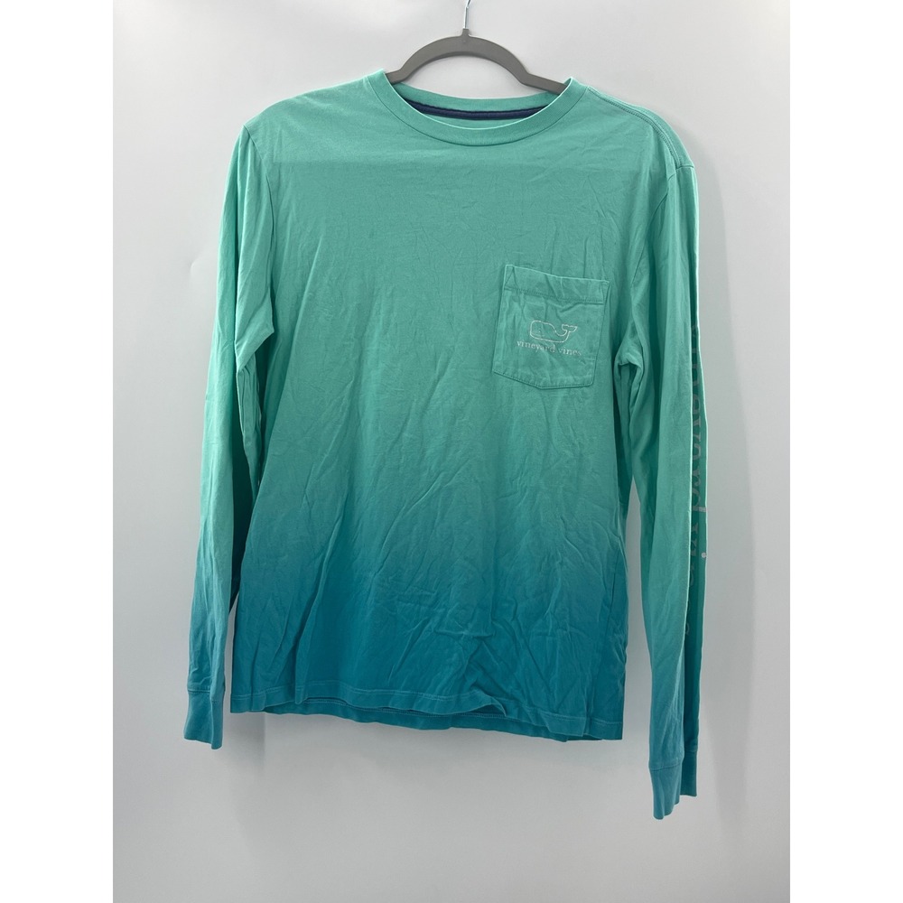 Vineyard Vines Mens XS Long Sleeve Ombre Pocket T-Shirt Green Blue Whale Logo